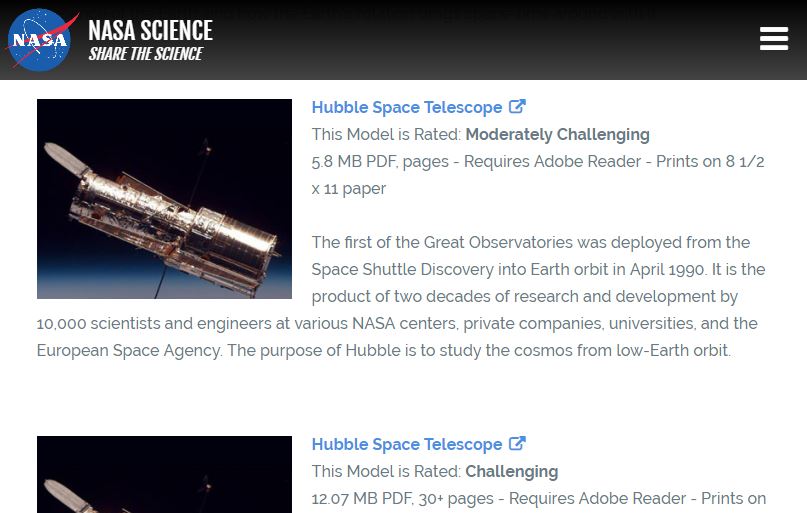Screenshot: NASA Papercraft Papiermodelle zum Ausdrucken und Selberbasteln. Das Hubble Space Telescope gibt es in unterschiedlichen Detail- und damit Schwierigkeitsstufen.