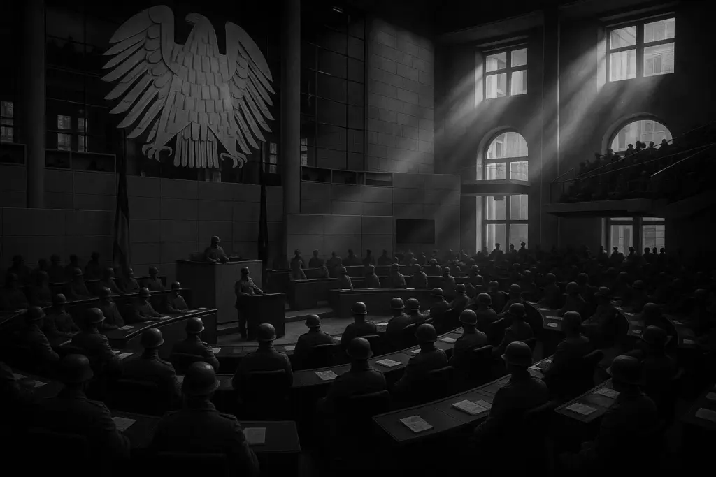 Es wird dunkel in Berlin. Ein Bild vom Bundestag in schwarz/weiß. Alles ist grau, die Politiker tragen wieder Uniform. Lichtstrahlen drängen durch die Fenster ins Dunkel.